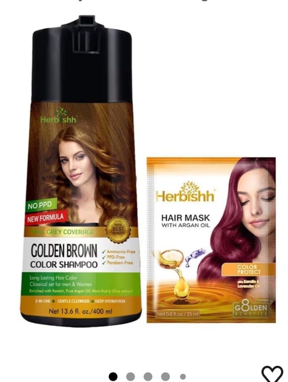 Golden Brown Hair Color Shampoo, 3-in-1 PPD-Free Hair Dye, 400ml with Argan Mask